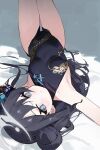  1girl absurdres armpits black_dress black_hair blue_archive blush breasts butterfly_hair_ornament china_dress chinese_clothes double_bun dragon_print dress grey_eyes hair_bun hair_ornament highres kisaki_(blue_archive) legs_up long_hair looking_at_viewer lying measho on_back open_mouth sleeveless sleeveless_dress small_breasts solo twintails 