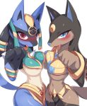 absurd_res anthro anubian_jackal anubis_(pal) areola barely_visible_genitalia barely_visible_pussy blue_body blue_eyes blush breasts brown_body canid canine canis clothed clothing duo female fur generation_4_pokemon genitals hi_res jackal looking_at_viewer lucario mammal nintendo pal_(species) palworld pink_areola pocketpair pokemon pokemon_(species) pussy simple_background smile zerokun135