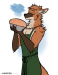anthro apron apron_only bread canid canine canis clothed clothing digital_media_(artwork) eyes_closed fluffy fluffy_hair food fox fur hair hi_res male mammal maned_wolf mialina neck_tuft simple_background smile solo tail tuft