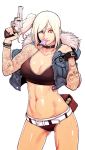  ammunition ass_visible_through_thighs belt bikini black_nails blonde_hair blue_eyes bracelet breasts choker cleavage condom condom_in_mouth cropped_jacket earrings finger_on_trigger fur_trim gun hair_between_eyes handgun heterochromia holding holding_gun holding_weapon jewelry large_breasts lips mouth_hold nail_polish navel original psychicjin red_bikini red_eyes revolver short_hair side_ponytail simple_background solo sports_bikini studded_bracelet swimsuit tattoo weapon white_background 