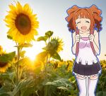  1girl black_skirt eyes_closed female flower hair_ornament idolmaster loli long_hair open_mouth orange_hair skirt sky smile solo sun_beam sunflower takatsuki_yayoi tank_top thighhighs tomboy twintails white_legwear 