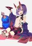  :d ankle_ribbon arm_up breasts circlet commentary_request cup eyebrows_visible_through_hair fangs fate/grand_order fate_(series) feet full_body gourd grey_background hair_between_eyes hajime_(hajime-ill-1st) highres navel oni oni_horns open_mouth purple_eyes purple_hair revealing_clothes ribbon sakazuki short_hair shuten_douji_(fate/grand_order) simple_background small_breasts smile solo toes 