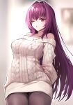  1girl bare_shoulders breasts fate/grand_order fate_(series) hane_yuki highres large_breasts long_hair long_sleeves looking_at_viewer one_eye_closed pantyhose purple_hair red_eyes scathach_(fate) solo sweater white_sweater 