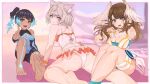  3girls :d animal_ears ass barefoot blue_eyes blue_hair blurry blurry_background body_markings border breast_tattoo breasts brown_eyes brown_hair cat_ears cat_girl closed_mouth commentary dark-skinned_female dark_skin english_commentary eunie_(xenoblade) eyelashes feet fiery_hair flower frilled_skirt frills gbbgb321 grey_hair head_wings highres large_breasts long_hair looking_at_viewer looking_back medium_hair mio_(xenoblade) multicolored_hair multiple_girls official_alternate_costume one-piece_swimsuit open_mouth outside_border panties pantyshot sena_(xenoblade) short_hair side_ponytail sitting skirt small_breasts smile soles swimsuit tattoo teeth toes two-tone_hair underwear upper_teeth_only white_border white_flower white_panties wings xenoblade_chronicles_(series) xenoblade_chronicles_3 