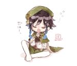  1boy artist_name beret black_hair black_vest blue_hair blush blush_stickers bottle braid cape chibi choko_(cup) closed_eyes commentary_request cup drunk frilled_sleeves frills genshin_impact gradient_hair green_cape green_hat green_shorts hair_between_eyes hat holding holding_bottle holding_cup knee_up long_sleeves male_focus medium_hair multicolored_hair nekorune_(bukubuku_awai) open_mouth pantyhose parted_bangs raised_eyebrows shirt shorts side_braids signature simple_background sitting solo sparkle squeans suikou_(genshin_impact) tokkuri translation_request twin_braids u_u venti_(genshin_impact) vest white_background white_pantyhose white_shirt 