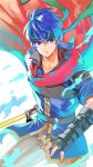  1boy absurdres aura black_gloves blue_eyes blue_hair cape closed_mouth fingerless_gloves fire_emblem fire_emblem:_path_of_radiance gloves gold_trim green_headband headband highres holding holding_sword holding_weapon ike_(fire_emblem) light_frown male_focus pants red_cape solo sword v-shaped_eyebrows weapon white_background white_pants yasaikakiage 