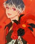  1boy black_feathers black_hair black_shirt collared_shirt ear_piercing fangs feathers flower from_side hair_between_eyes idolish7 kuzuvine light_blush looking_at_viewer male_focus momo_(idolish7) multicolored_hair open_mouth piercing pink_eyes red_background red_flower shirt short_hair simple_background smile solo tongue two-tone_hair unfinished upper_body 