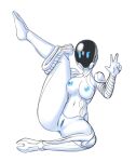 breasts featureless_face female fours_(artist) genitals gesture hand_gesture hi_res holding_up_leg humanoid looking_at_viewer mag_(warframe) pussy sitting sketch solo v_sign warframe