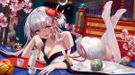  :d alcohol ass azur_lane ball bangs bed bed_frame bed_sheet blinds blunt_bangs blush breasts choko_(cup) cleavage collarbone crescent_moon cup drunk eyebrows_visible_through_hair eyeshadow flower foreshortening hair_flower hair_ornament highres indoors japanese_clothes kimono large_breasts legs_up long_hair looking_at_viewer lying makeup md5_mismatch moon night night_sky no_shoes nose_blush off_shoulder on_bed on_stomach open_mouth petals pink_flower ribbon-trimmed_legwear ribbon_trim sake shiny shiny_hair shoukaku_(azur_lane) silver_hair single_bare_shoulder sky smile solo sweat tassel temari_ball thighhighs tokkuri tray white_kimono white_legwear wind_chime window zettai_ryouiki zjsstc 