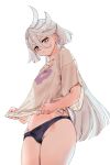  1girl absurdres ahoge annoyed belletaku black_panties bottomless closed_mouth clothes_grab cowboy_shot from_below grey_eyes grey_hair gundam gundam_suisei_no_majo hair_between_eyes highres long_hair looking_at_viewer miorine_rembran no_pants panties shirt short_sleeves solo t-shirt underwear very_long_hair white_background 