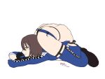  azur_lane baltimore_(azur_lane) belly black_footwear breasts brown_hair contortion flexible large_breasts race_queen ribs short_hair signature simple_background sirwattz smile thigh_strap thighs white_background yellow_eyes 