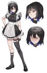  1girl 2l_(2lsize) asymmetrical_legwear black_dress black_footwear black_gloves black_hair black_socks black_thighhighs blue_hair blush clenched_hand clenched_teeth colored_inner_hair dress gloves hair_intakes hand_on_own_hip highres karen_(2l) maid maid_headdress mismatched_legwear multicolored_hair orange_eyes original parted_lips puffy_short_sleeves puffy_sleeves scowl shoes short_dress short_sleeves simple_background socks solo teeth thighhighs tsurime white_background wrist_cuffs 