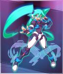  1girl aqua_hair armor artist_name black_bodysuit blue_armor blue_eyes bodysuit bodysuit_under_clothes breasts crotch_plate fingerless_gloves gloves hatsune_miku highres long_hair looking_at_viewer medium_breasts mega_man_(series) mega_man_zx power_armor robot_ears salute solo tomycase twintails vocaloid 