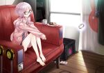  1girl ayakura_juu backlighting barefoot bracelet commentary_request couch cup doughnut drink feet_on_chair floating floating_object food glasses indoors jewelry legs looking_at_viewer mug power_strip purple_eyes purple_hair short_hair_with_long_locks sitting solo textless_version vocaloid voiceroid window wooden_floor yuzuki_yukari yuzuki_yukari_(lin) yuzuki_yukari_(onn) yuzuki_yukari_(vocaloid4) 