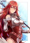  1girl armor belt blue_background border breastplate breasts brown_eyes closed_mouth commentary cordelia_(fire_emblem) english_commentary fire_emblem fire_emblem_awakening gauntlets hair_between_eyes highres holding holding_polearm holding_weapon lance long_hair looking_at_viewer medium_breasts outside_border polearm red_hair revolverwing smile solo standing weapon white_border winged_hair_ornament 