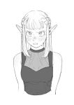  1girl blunt_bangs blush braid dungeon_meshi elf highres looking_up monochrome nervous open_mouth pattadol pointy_ears shikariyo short_hair side_braids sidelocks sleeveless solo upper_body 