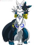  2018 3_fingers alpha_channel alternate_species anthro armwear big_breasts black_sclera blue_eyes breast_grab breasts bridal_gauntlets clothing covering covering_crotch digimon dipstick_ears duo female female/female fluffy fluffy_tail fur furball fysi grabbing_from_behind hand_on_breast mostly_nude navel neck_tuft nipples renamon simple_background transparent_background tuft vulpamon white_fur yin_yang 