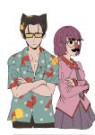  1boy 1girl black_hair crossed_arms facial_hair glasses groucho_glasses hawaiian_shirt highres kaiki_deishuu koimonogatari monogatari_(series) mustache naoetsu_high_school_uniform necktie purple_hair school_uniform senjougahara_hitagi shirt short_hair skirt tinted_eyewear valhalla0707 yellow-tinted_eyewear 