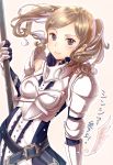  belt black_eyes blush breasts brown_hair commentary cynthia_(fire_emblem) fire_emblem fire_emblem:_kakusei haru_(nakajou-28) highres holding long_hair long_sleeves looking_at_viewer small_breasts smile solo translation_request twintails upper_body 
