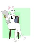 amnotafur anthro black_bra black_clothing black_underwear bra canid canine chair chloe_(amnotafur) clothing crossed_legs female fluffy fluffy_tail fur furniture green_eyes hi_res holding_object looking_at_viewer mammal on_chair sitting sitting_on_chair smile solo tail underwear white_body white_fur
