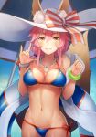  animal_ears bangle banned_artist bare_shoulders beach_umbrella bikini blue_background blue_bikini blurry blurry_background bow bracelet breasts cleavage collarbone cowboy_shot depth_of_field ears_through_headwear fate/grand_order fate_(series) fox_ears fox_tail hair_tie hat hat_bow innertube jewelry kyoeiki long_hair looking_at_viewer low_ponytail medium_breasts navel necklace orange_eyes orange_ribbon parted_lips pendant pink_hair ribbon shawl side-tie_bikini smile solo standing stomach striped striped_bow sun_hat swimsuit tail tamamo_(fate)_(all) tamamo_no_mae_(swimsuit_lancer)_(fate) umbrella underboob white_hat 