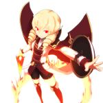  1girl afushiru_wa_kugi bike_shorts black_shorts blonde_hair boots dagger drill_hair erika_wagner fire holding_dagger holding_shield holding_sword holding_weapon red_cape red_eyes shield short_sword shorts small_breasts solo sword thigh_boots twin_drills under_night_in-birth weapon white_background 
