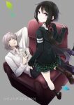  1boy 1girl armchair ayakura_juu black_eyes black_hair black_socks book chair collared_shirt commentary_request grey_hair hair_over_one_eye hair_ribbon holding holding_book hood hoodie loafers long_hair low_ponytail original purple_eyes ribbon shirt shoes sitting skirt socks 