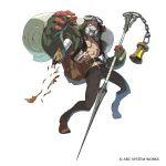  1boy abs april_fools arc_system_works backpack bag gas_mask goggles goggles_on_head guilty_gear guilty_gear_strive hidehiko_sakamura highres holding holding_staff hood malcolm_mayers mask official_art solo staff wanted white_background 