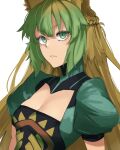  1girl animal_ears atalanta_(fate) braid breasts cat_ears cleavage dress dyed_bangs fate/apocrypha fate/grand_order fate_(series) french_braid gradient_hair green_eyes green_hair highres looking_at_viewer medium_breasts multicolored_hair ri_o_ne_su simple_background solo two-tone_hair 