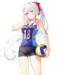  1girl ball black_shorts blue_eyes braid chestnut_mouth earrings floating_hair high_ponytail holding holding_ball holding_towel jewelry long_hair looking_back official_art parted_lips ponytail riselia_ray_crystalia seiken_gakuin_no_maken_tsukai shirt shorts simple_background sleeveless sleeveless_shirt solo sportswear standing toosaka_asagi towel towel_around_neck volleyball volleyball_uniform white_background white_hair 