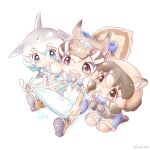  3girls absurdres animal_ears blue_eyes boots brown_eyes brown_hair cellphone cetacean_tail chipmunk_ears chipmunk_girl chipmunk_tail common_bottlenose_dolphin_(kemono_friends) common_wombat_(kemono_friends) dolphin_girl dress elbow_gloves extra_ears fins fish_tail gloves grey_hair head_fins highres kemono_friends kemono_friends_3 kemono_friends_v_project microphone multiple_girls necktie overalls phone sailor_collar sailor_dress saival_cat shirt shoes short_hair shorts siberian_chipmunk_(kemono_friends) simple_background sleeveless sleeveless_shirt smartphone tail thighhighs vest virtual_youtuber 