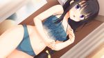  black_hair blue_panties dutch_angle eyebrows_visible_through_hair game_cg halter_top halterneck highres indoors kobuichi lingerie long_hair navel nijouin_hazuki official_art open_mouth panties purple_eyes riddle_joker solo underwear underwear_only 