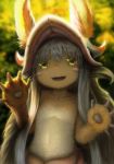  :d backlighting blurry colored_eyelashes depth_of_field ears_through_headwear furry green_eyes head_tilt helmet highres horizontal_pupils horned_helmet looking_at_viewer made_in_abyss nanachi_(made_in_abyss) open_mouth ransui_(al-nit-ak) smile solo whiskers white_hair 