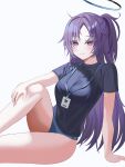  1girl black_shirt blue_archive blue_buruma blush breasts buruma halo highres large_breasts long_hair looking_at_viewer nersiyan official_alternate_costume one_side_up purple_eyes purple_hair shirt smile solo white_background yuuka_(blue_archive) yuuka_(track)_(blue_archive) 