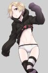  1girl asymmetrical_legwear ayakura_juu black_hoodie blonde_hair clothes_lift commentary_request earrings expressionless grey_background hair_over_one_eye hood hoodie hoodie_lift idolmaster idolmaster_cinderella_girls jewelry looking_at_viewer mismatched_legwear navel panties purple_eyes shirasaka_koume short_hair simple_background skull_earrings sleeves_past_fingers sleeves_past_wrists solo thigh_gap underwear white_panties 