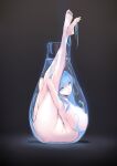  barefoot belly blue_eyes blue_hair bottle breasts completely_nude contortion dark_background feet flexible hair_between_eyes highres holding_legs huge_breasts nude simple_background thighs zemzeq 