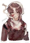  1boy apron aqiqiqiqi blood blood_on_face braid brown_apron brown_eyes brown_hair cigarette genderswap genderswap_(mtf) gregor_(project_moon) head_scarf highres jacket limbus_company looking_at_viewer low_twin_braids male_focus mechanical_arms project_moon single_mechanical_arm smoke smoking solo twin_braids upper_body white_hat white_jacket 