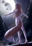  1girl animal_ears ass barefoot blush brown_hair completely_nude fang feet from_behind full_body full_moon highres holo long_hair looking_at_viewer looking_back moon night night_sky nude nyaxxy open_mouth outdoors outstretched_arms profile red_eyes signature sky solo spice_and_wolf spread_arms standing star_(sky) starry_sky tail tree wolf_ears wolf_girl wolf_tail 