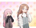  2girls bakookami bang_dream! bang_dream!_it&#039;s_mygo!!!!! black_shirt blue_dress blue_eyes blush brown_hair chihaya_anon diagonal-striped_clothes diagonal-striped_necktie dress fang grey_eyes grey_shirt hand_up hands_on_own_cheeks hands_on_own_face hands_up jewelry layered_sleeves long_hair long_sleeves looking_at_another multiple_girls nagasaki_soyo necklace necktie open_mouth parted_lips pinafore_dress pink_hair shirt short_over_long_sleeves short_sleeves sidelocks sleeveless sleeveless_dress sleeves_past_wrists striped_clothes white_shirt 