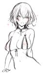  akazukinchantaberu bare_shoulders blush breasts choker collarbone commentary_request eyebrows_visible_through_hair greyscale hair_between_eyes heart highres large_breasts lingerie looking_at_viewer monochrome navel nipples open_mouth original ribbon_choker short_hair signature simple_background sketch solo spot_color underwear upper_body white_background 