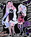  2girls alternate_costume anchiki_shou arm_warmers asymmetrical_legwear bad_id bad_twitter_id black_dress black_footwear black_hairband black_nails blonde_hair blue_eyes blue_hair braid bug butterfly cherry_hair_ornament collar dress fangs fishnet_socks fishnet_top fishnets food-themed_hair_ornament frilled_dress frills full_body hair_ornament hairband hibino_matsuri hibino_matsuri_(primagista) high_heels jewelry long_hair long_sleeves looking_at_viewer looking_back mismatched_legwear multicolored_hair multiple_girls myamu nail_polish off_shoulder open_mouth outline piercing pink_hair plaid plaid_skirt pleated_skirt pretty_series purple_eyes red_skirt ring shirt side_braid side_slit skirt socks spiked_collar spikes standing streaked_hair thigh_strap tongue_piercing two_side_up very_long_hair waccha_primagi! white_outline white_shirt 