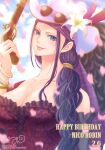  1girl 321 blue_eyes bracelet character_name commentary_request cross-laced_clothes cross-laced_top dated detached_sleeves dress falling_petals feathers flower gun happy_birthday hat head_scarf highres holding holding_gun holding_weapon jewelry looking_at_viewer nico_robin one_piece petals pink_petals ponytail purple_dress purple_nails purple_scarf scarf side_ponytail sidelocks signature solo sunglasses twitter_username upper_body weapon 