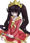  1girl absurdres ashley_(warioware) big_hair black_hair closed_mouth dress frown hairband highres holding holding_staff long_hair long_sleeves looking_at_viewer mutuki_conoka red_dress red_eyes red_footwear red_sleeves simple_background sitting skull solo staff tiara twintails very_long_hair warioware warioware:_move_it! wariza 