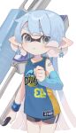  1girl arm_warmers armband bandaid bandaid_on_shoulder bare_shoulders bike_shorts black_shorts blue_arm_warmers blue_armband blue_hair blue_tongue blush clenched_hand colored_tongue cowboy_shot dot_nose earrings flingza_roller_(splatoon) grey_eyes highres holding holding_weapon inkling inkling_girl inkling_player_character jersey jewelry long_hair looking_at_viewer open_mouth pointy_ears sahata_saba shorts signature single_arm_warmer skindentation solo splatoon_(series) sweatband tentacle_hair very_long_hair weapon white_background 