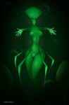 anthro areola breasts bubble cephalopod coleoid decapodiform digital_media_(artwork) eyelashes female genitals green_body green_skin hi_res humanoid looking_at_viewer marine mialina mollusk nipples nude offering_hug pussy scalie simple_background solo tentacles thick_thighs underwater water