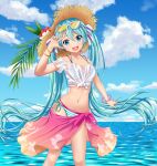  1girl :d aqua_bikini aqua_eyes aqua_hair aqua_nails bikini bracelet breasts cleavage cloud collarbone commentary_request day flower flower_hat goggles goggles_on_head hair_ribbon hamano_(hamafino) hand_up hat hatsune_miku highres horizon jewelry long_hair looking_at_viewer nail_polish navel ocean open_mouth outdoors palm_leaf pink_sarong racing_miku racing_miku_(2021) red_flower ribbon see-through see-through_shirt shirt short_sleeves side-tie_bikini_bottom sky small_breasts smile solo standing stomach straw_hat string_bikini striped_bikini striped_clothes summer sun_hat swimsuit tied_shirt twintails very_long_hair vocaloid w water white_shirt 