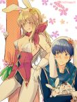  1boy 1girl :p absurdres animal animal_ear_hairband animal_ears artist_name blue_eyes blue_hair blue_scarf breasts carrot cleavage commentary_request fake_animal_ears finn_(fire_emblem) fire_emblem fire_emblem:_genealogy_of_the_holy_war floral_background gloves hairband highres holding holding_animal holding_carrot holding_rabbit lachesis_(fire_emblem) medium_breasts nishimura_(nianiamu) pantyhose playboy_bunny rabbit rabbit_ears scarf short_hair tongue tongue_out twitter_username white_background white_fur white_gloves white_hairband white_pantyhose 