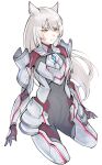  1girl animal_ears armor black_bodysuit bodysuit cat_ears cat_girl closed_mouth commentary_request cropped_legs highres long_hair m_(xenoblade) red_bodysuit simple_background solo two-tone_bodysuit ug333333 white_background white_hair xenoblade_chronicles_(series) xenoblade_chronicles_3 yellow_eyes 