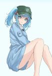  1girl bare_legs blue_eyes blue_hair blue_jacket blue_panties blue_skirt closed_mouth commentary eyelashes feet_out_of_frame flat_cap from_side green_hat hair_between_eyes hair_bobbles hair_ornament hat highres jacket kashiwada_kiiho kawashiro_nitori knees_together_feet_apart legs long_sleeves looking_at_viewer medium_hair panties simple_background sitting sketch skirt smile solo thighs touhou tsurime underwear white_background 
