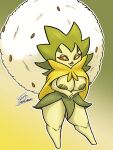 2019 5_fingers anthro breast_squish breasts brown_sclera cape clothing colored dress eldegoss eyelashes featureless_feet feet female fingers generation_8_pokemon glistening glistening_breasts green_background green_body green_clothing green_dress green_lips green_nipples hair hands_together hi_res inverted_nipples jyto lips looking_at_viewer nintendo nipples nude open_mouth pokemon pokemon_(species) pseudo_clothing pseudo_coat pseudo_dress pseudo_hair shaded short_stack signature simple_background solo squish thick_thighs white_eyes white_hair yellow_cape yellow_clothing